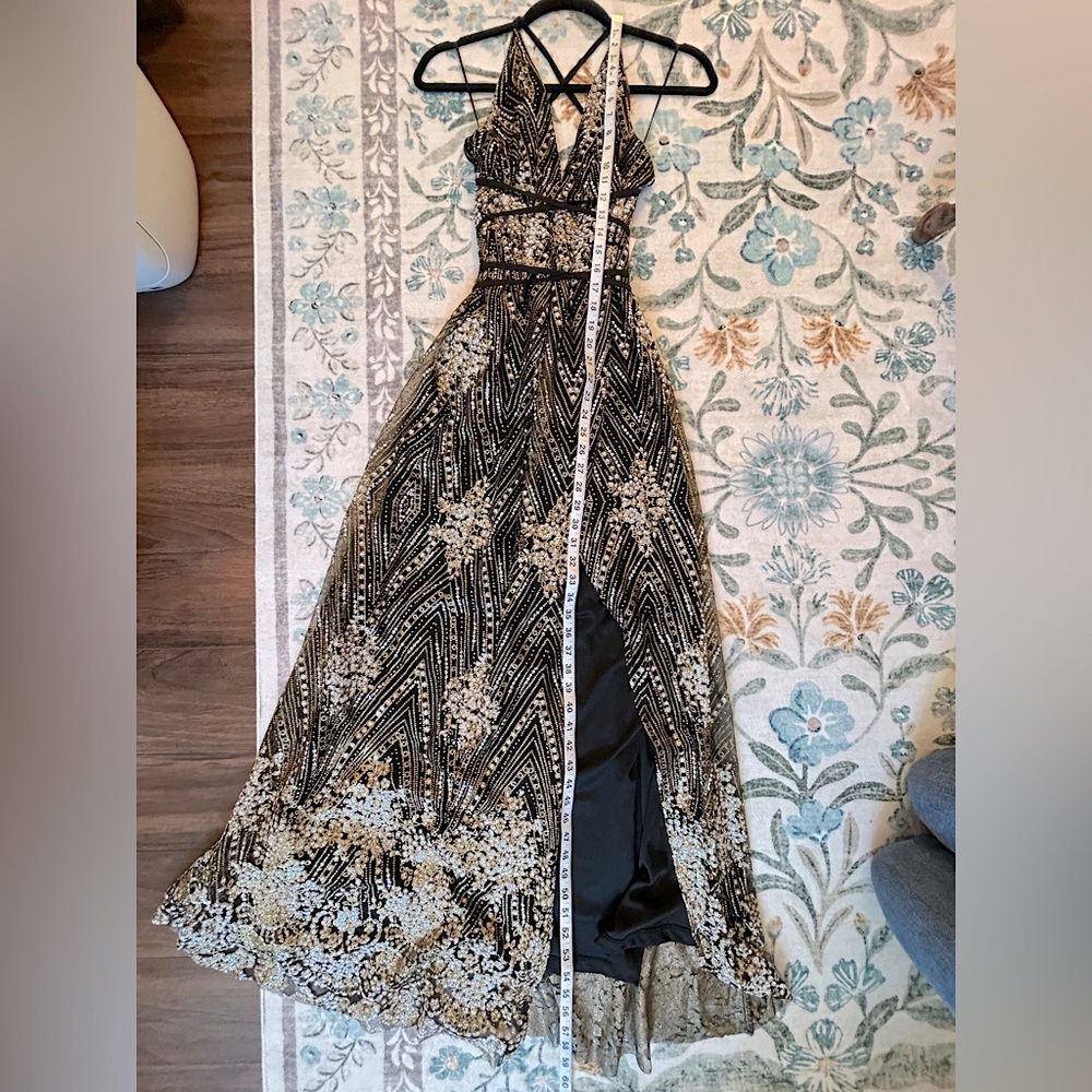 Hello Molly Black and Gold Sparkly Goddess Prom Dress - Picture 12 of 16